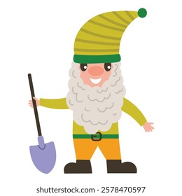 Cute spring garden gnome with shovel and cute hat in cartoon flat style. 
