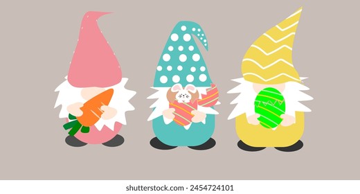 Cute spring garden gnome vector.
Illustration of three Easter gnomes. Holding Easter eggs, and carrot.
