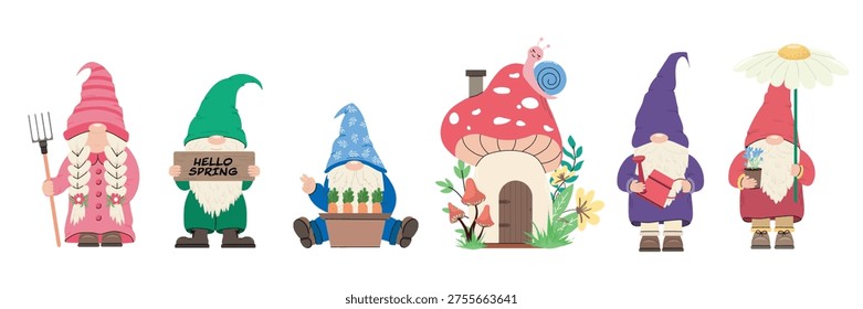 Cute spring garden gnome vector set with mushroom house plants tools flowers and characters for gardening and children design