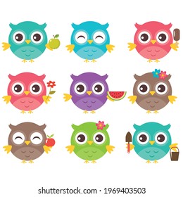 Cute spring garden owls on white background. Vector illustration 