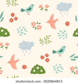 Cute spring garden seamless pattern with birds, flowers, plants  and clouds. Vector background. Perfect for  scrapbooking, packaging, textile, fabric, wallpaper and seasonal spring designs.