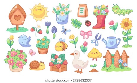 Cute spring garden set with kawaii animals, flowers and tools. Vector illustrations with outline, isolated on white background. Seasonal spring decor, cozy village icons, spring stickers