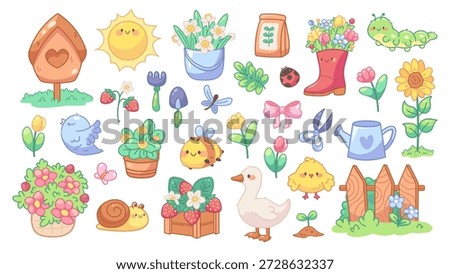 Cute spring garden set with kawaii animals, flowers and tools. Vector illustrations with outline, isolated on white background. Seasonal spring decor, cozy village icons, spring stickers