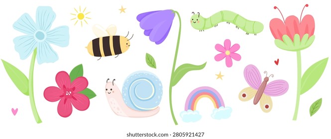 Cute spring garden vector illustration set for kids design pattern, colorful flowers and insects, nursery decor clipart collection, snail, bee, butterfly and rainbow isolated on white background⁠