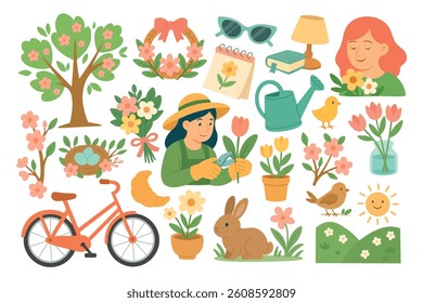 Cute spring gardening set with flowers, tools, birds, trees, animals, and seasonal elements.