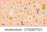Cute spring gardening sticker set with flowers, plants, tools, animals and cozy elements. Hand drawn whimsical vector illustrations in soft pastel colors, perfect for stickers, planners, kids design