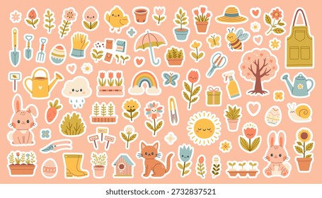 Cute spring gardening sticker set with flowers, plants, tools, animals and cozy elements. Hand drawn whimsical vector illustrations in soft pastel colors, perfect for stickers, planners, kids design