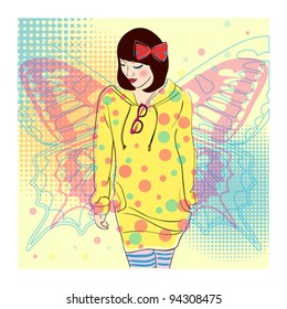 cute spring girl and butterflies. vector illustration