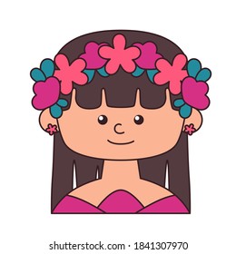 Cute spring girl with flowers isolated on white background. Flat design for poster or t-shirt. Vector illustration