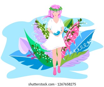 cute spring girl in a white dress with a wreath on her head is surrounded by spring flowers. Surreal Abstract Flowers. Vector design.