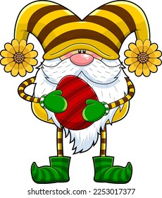 Personaje De Caricatura De Gnome De Primavera Cuidada Con Huevo De Pascua. Ilustración dibujada a mano vectorial aislada en fondo transparente