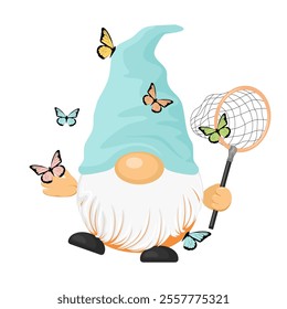 Cute spring gnome catching butterflies