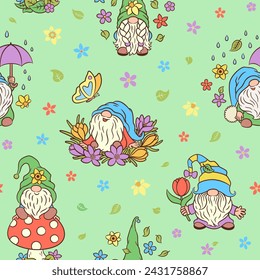 Cute spring gnome seamless pattern. Springtime Scandinavian gnomes in funny hats. Repeat design endless tile for paper print, textile fabric seamless pattern. Playful fun summer spring Easter design.