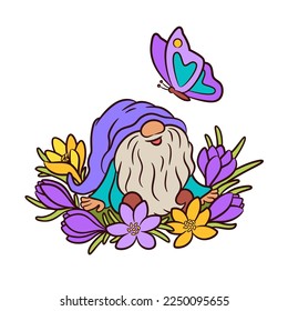 Kuschelfeder-Gnome, die auf dem Krokusbett sitzt und den Schmetterling anschaut. Adorable Charakter skandinavischen Gnome Frühling Ostergrafik. Frühlingscrokus blüht. Frühling blühende Blumen.