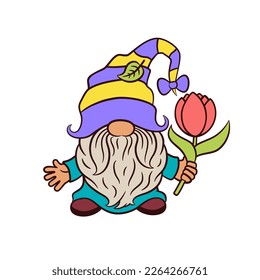 Cute spring gnome with tulip flower. Funny hat scandinavian gnome spring cottage core garden theme. Adorable nordic dwarf tomte nisse isolated on white background. Springtime vector illustration.