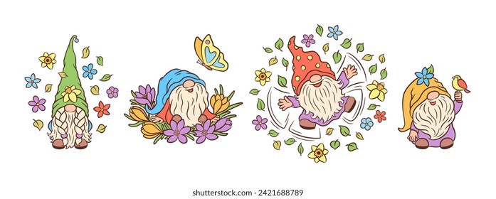 Cute spring gnomes in blooming flowers, with bird, butterfly. Springtime gnome fun characters. Whimsical Scandinavian elf funny vector. Springtime fun fairy core cottage core hand drawn illustration.