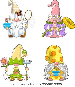 Cute Spring Gnomes Cartoon Characters In Different Poses. Vector Hand Drawn Collection Set Isolated On Transparent Background
