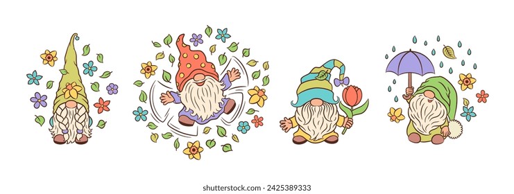 Nette Frühlings-Gnome-Charaktere. Entzückender Garten Gnom Frühling Vektor. Skandinavische Elfe Spaß skurrile Fee Kern Illustration Hand gezeichnet. Lustiger kleiner Zwerg, Frühlingsblumen, Tulpe, Regenschirm, Narzisse.