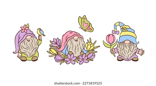 Cute spring gnomes Easter vector illustrations. Soft pastel spring colors. Springtime nature happy cheerful garden gnomes. Cartoon characters nordic dwarf Tomte with flowers, bird, butterfly doodle.