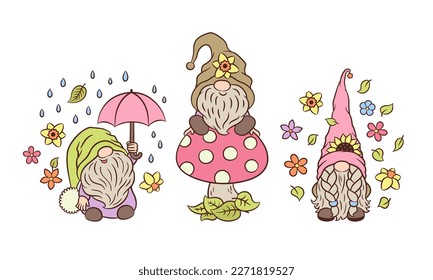 Cute spring gnomes Easter vector illustration. Springtime nature happy cheerful garden gnome. Soft pastel spring colors. Cartoon characters nordic dwarf Tomte with flowers, umbrella, on a toadstool.