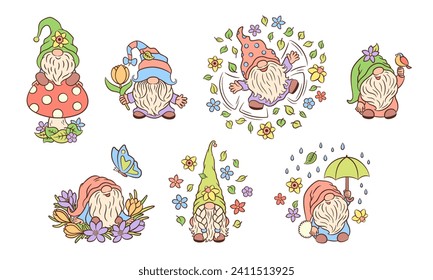 El resorte lindo engendra personajes divertidos. Adorable ilustración vectorial del gnomo escandinavo de primavera dibujada a mano. gnomos divertidos con flores de primavera, pájaro, paraguas, mariposa. Por el saludo de Pascua y Primavera.