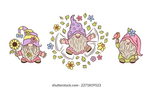 Cute spring gnomes soft pastel colors Easter vector illustrations. Springtime fun happy cheerful garden gnomes. Nowdic dwarf Tomte with flowers, bird, sunflower cartoon doodle characters.