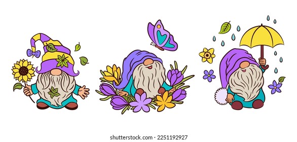 Cute resorte gnomas de línea vectorial coloreado. Feliz bebé gnome con mariposa. Fun escandinavo elfo y girasol. Goma alegre sosteniendo el paraguas amarillo. La primavera florece. Para pegatinas, cortar archivos, imprimir.