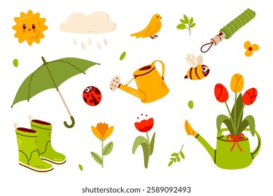 Cute Spring Green and Yellow Element Set with birdhouses, flowers, boots, birds, water can and umbrellas. Perfect for scrapbooking, invitations, and digital crafts.