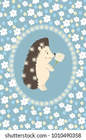 Cute Spring greeting card with funny cartoon hedgehog Hello spring. S. hedgehog on a floral background in vintage style.