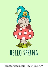 Cute spring greeting card with gnome. Adorable gnome sitting on a toadstool. Funny hat scandinavian elf springtime cottage core garden theme. Nordic character tomte nisse isolated on white background.