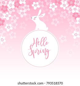 Cute spring greeting card, invitation with white rabbit, bunny and cherry tree blossoms. Easter concept. Pink vector illustration background .