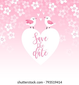 Cute spring greeting card, wedding invitation with couple of birds, heart and cherry tree blossoms. Love concept. Pink vector illustration background .