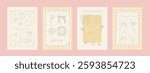 Cute spring hand drawn cottagecore card set. Whimsy floral poster collection. Stylish wall art. Countryside aesthetic poster in whimsical line art style. A4 vertical printable, vector background