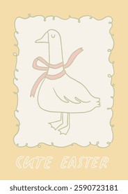 Cute spring hand drawn cottagecore card. Cute easter greeting postcard with goose. Countryside aesthetic poster in whimsical line art style. A4 vertical printable, vector background