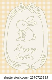 Cute spring hand drawn cottagecore card. Happy easter greeting postcard. Egg frame, adorable bunny. Countryside aesthetic poster in whimsical line art style. A4 vertical printable, vector background