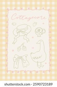 Cute spring hand drawn cottagecore card. Countryside aesthetic poster in whimsical line art style. Goose, ribbon, embroidery, tea, straw hat. A4 vertical printable, vector background