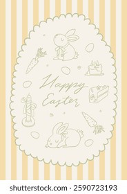 Cute spring hand drawn cottagecore card. Happy easter greeting postcard. Egg frame, adorable bunny. Countryside aesthetic poster in whimsical line art style. A4 vertical printable, vector background