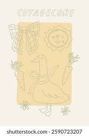 Cute spring hand drawn cottagecore card. Countryside aesthetic poster in whimsical line art style. Goose, ribbon, embroidery, gardening. A4 vertical printable, vector background