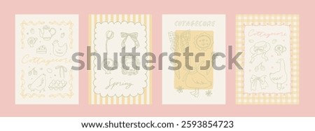 Cute spring hand drawn cottagecore card set. Whimsy floral poster collection. Stylish wall art. Countryside aesthetic poster in whimsical line art style. A4 vertical printable, vector background