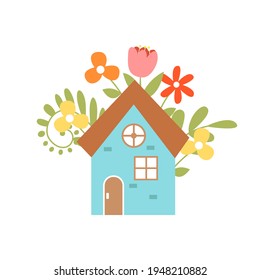 Frische Frühlingssäule, handgezeichnet, auf isoliertem Hintergrund. Das Haus ist von bunten Blumen umgeben. Vektorgrafik für Design-Postkarten.