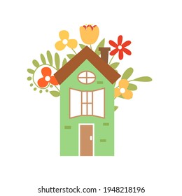 Cute spring hand drawn illustration on isolated background. The house is surrounded by colorful flowers. Vector illustration for design postcards.