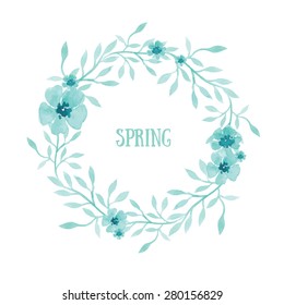 Cute spring hand-drawn wreath of watercolor flowers and plants. Save the date template