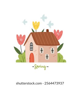 Cute spring house among tulip flowers. Spring card.Lovely, cartoon buildings illustrations in pastel gentle colors in a flat style.