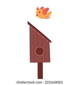 Cute spring illustration with bird and bird house. Vector Illustration for backgrounds, covers and packaging. Image can be used for greeting cards, posters and stickers. Isolated on white background.