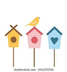 Cute spring illustration with birds and birdhouses. Cute springtime flat hand drawn cartoon style vector illustration isolated on white background. 