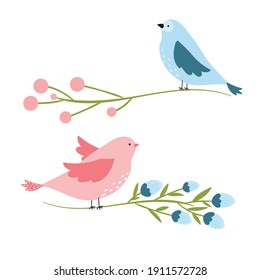 Cute spring illustration with birds sitting on branches, flowers. Cute springtime flat cartoon style hand drawn vector illustration isolated on white background.