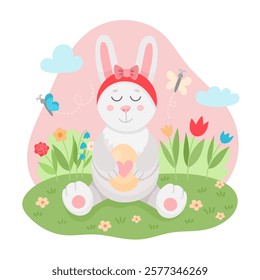 Cute spring illustration with easter animal baby cute rabbit holding egg in paws on lawn with flowers. Spring or easter illustration, vector, cartoon style