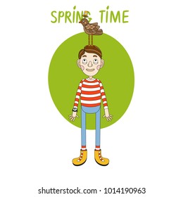 Cute spring illustration with funny boy and bird on his head. Vector illustration in cartoon style for spring concept