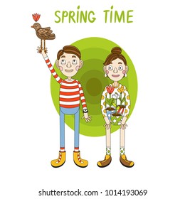 Cute spring illustration with funny boy and girl. Vector illustration in cartoon style for spring concept