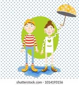 Cute spring illustration with funny boy and girl with yellow umbrella. Vector illustration in cartoon style for spring concept